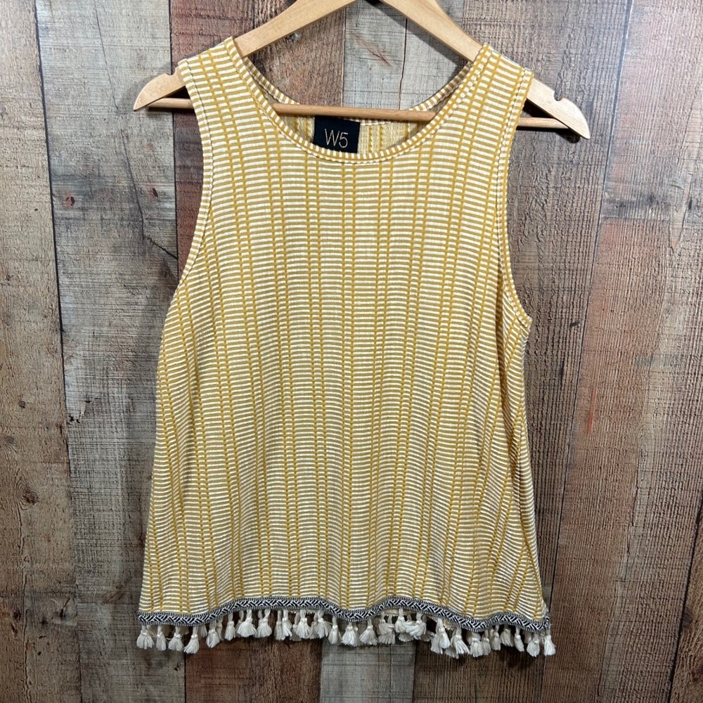 W5 Mustard Yellow White Striped Boho Tassel Hem Tank Top Large Festival